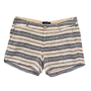 British Khaki Womens Blue Pink Striped 100% Linen Shorts Size 10 Pockets EUC